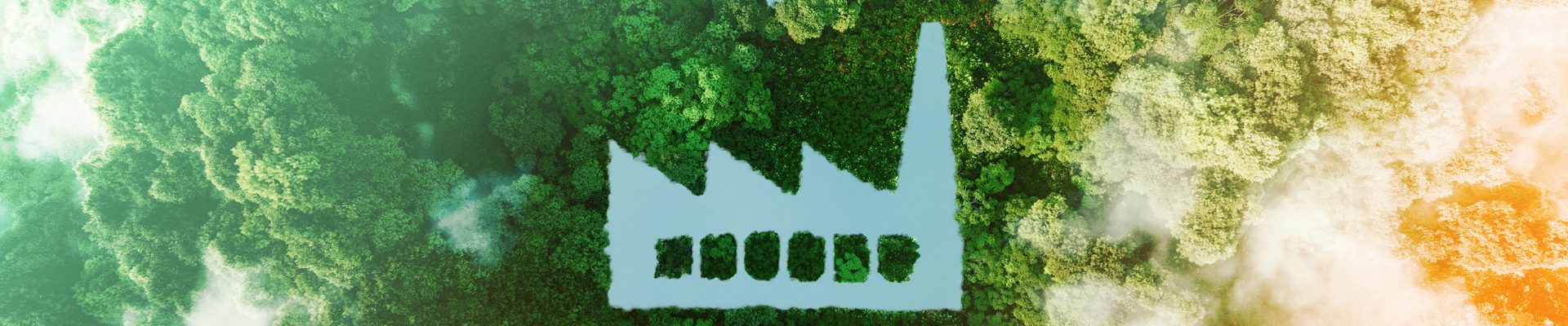 The concept of environmentally friendly production. A pond shaped like a factory in the middle of a lush forest. 3d rendering.